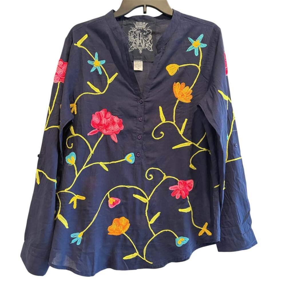 The Nu Vintage Floral Embroidered Lightweight Cotton Blouse Navy Size M